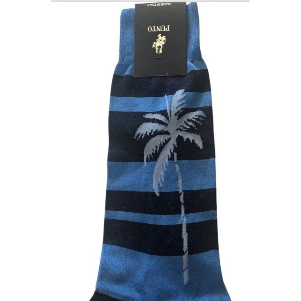 Punto Italian Palm Tree Dress Socks Egyptian Cotton 10-13 Striped Sky Blue Italy